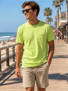 Siegfried Vintage Neon Lime Pocket Tee 100% Cotton Size Medium